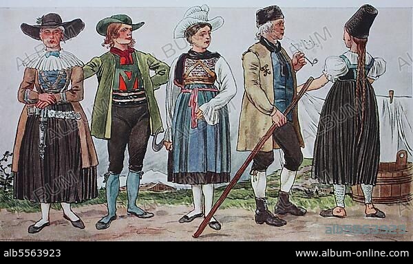 Mode, Trachten, Kleidung in Italien und Österreich um 1850, von links, Tracht in Kastelruth in Gröden, zweimal Tracht aus der Gegend von Bozen und ein Paar hohe Pelzmützen aus Pafflar, Vorarlberg, Österreich, digital verbesserte Reproduktion einer Illustration aus dem 19. Jahrhundert.