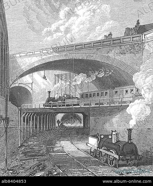 The Metropolitan Railway in 1869, railway, here Farringdon station in London, England, Historic, digitally restored reproduction of a 19th century original, exact original date unknown.