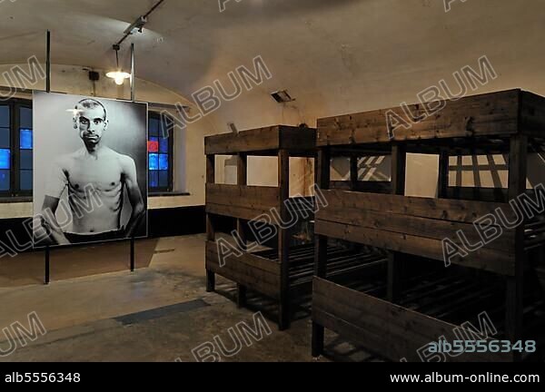 Picture of prisoner and bunk beds in barrack room at Fort Breendonk, Belgium, Europe.