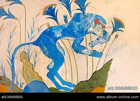 Arthur Evans reconstruction of the Blue Monkey, Knossos Minoan archaeological site, Crete, Greece, Europe.