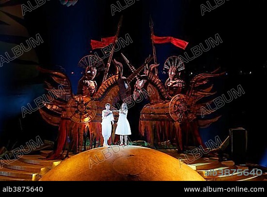 Gisela Stille as Pamina and Rainer Trost as Tamino, The Magic Flute by Wolfgang Amadeus Mozart, opera performance on the floating stage on Lake Constance, Bregenz Festival 2013, Bregenz, Vorarlberg, Austria, Europe.