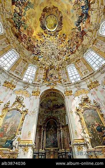 Dome with fresco by Jacob Zeiller, baroque Church of the Assumption of St. Mary, Ettal Abbey, Ettal, Upper Bavaria, Bavaria, Germany, Europe.