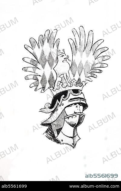 Kleidung im Europa des Mittelalters, Helme, ein Sallet mit Helmzier der Wittelsbacher, Deutschland, digitale Reproduktion einer Originalvorlage aus dem 19. Jahrhundert, Originaldatum nicht bekannt.