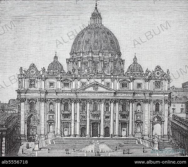 Die päpstliche Basilika von St. Peter im Vatikan, Basilika Papale di San Pietro im Vatikan oder einfach der Petersdom, Basilica Sancti Petri, ist eine italienische Renaissancekirche in der Vatikanstadt, Rom, Italien, Historisch, digital restaurierte Reproduktion einer Originalvorlage aus dem 19. Jahrhundert.