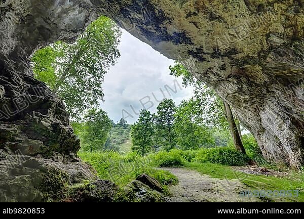 Hohlenstein-Stadel cave in the Swabian Alb; Eiszeit cave; site of the Lion Man; ivory figure from the Palaeolithic period; oldest human sculpture in human history. Asselfingen; Baden-Württemberg; Germany; Europe.