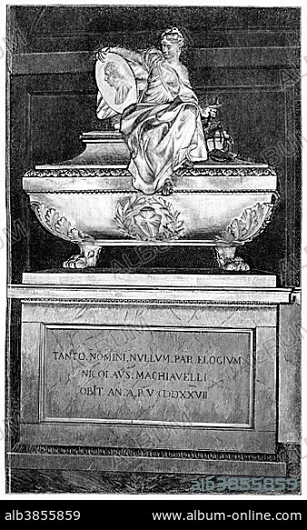 Historical illustration from the 19th century, the tomb of Niccolò di Bernardo dei Machiavelli, 1469 - 1527, in Florence, an Italian politician, diplomat, philosopher, historian and poet.