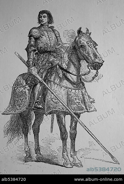 Pierre Terrail LeVieux, seigneur de Bayard, 1476 - 1524, known as the knight without fear and beyond reproach, a French commander, woodcut from 1880.