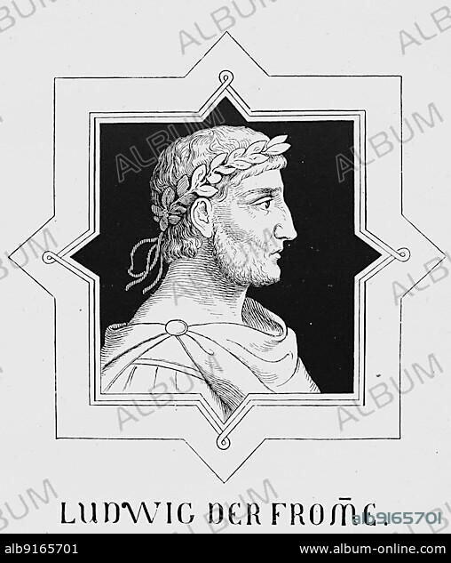 Louis I (called Louis the Pious) (born June or August 778) (died 20 June 840), was King of the Frankish Empire (in Aquitaine since 781) (in the whole Empire since 814) and Emperor (813-840), He was the son and successor of Charlemagne, Historical, digitally restored reproduction of a 19th century original, exact original date unknown.