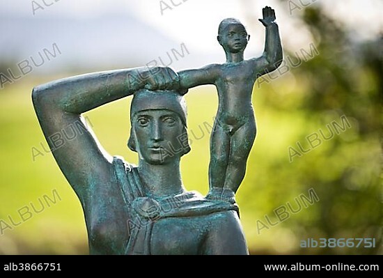 Monument to Gudrid Thorbjarnardóttir with her son Snorri Thorfinnsson, the first American-born child of European descent, Glaumbaer or Glaumbær Museum, Northwestern Region, Iceland, Europe.