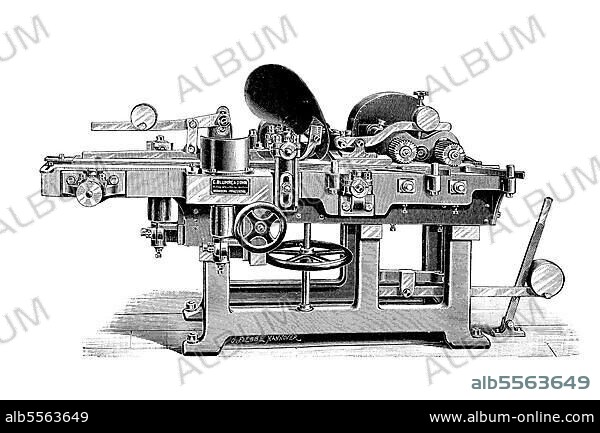 Holzindustrie, Präzisionskehlmaschine der Firma C. Blumwe & Sohn, Bromberg-Prinzenthal, Polen, Maschine zur Holzbearbeitung, Kehlen, Hobeln und Schneiden, Industrieprodukt aus dem Jahr 1880, Historisch, digital restaurierte Reproduktion einer Originalvorlage aus dem 19. Jahrhundert, genaues Originaldatum nicht bekannt.