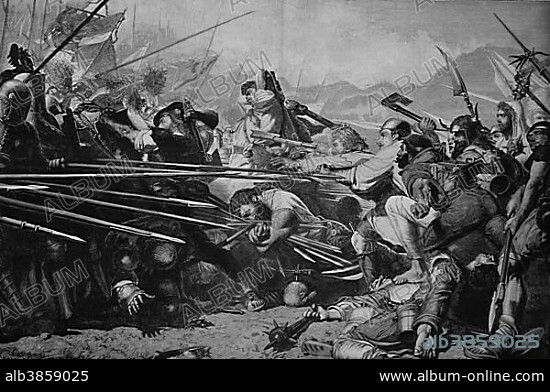 Arnold Winkelried or Arnold von Winkelried, 1386, at the Battle of Sempach, Switzerland, historical engraving, circa 1885, Europe.