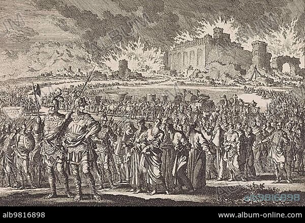 Destruction of Jerusalem by the Babylonian army; 586 BC by Nebuchadnezzar II; Historical; digitally restored reproduction from a 19th century original.