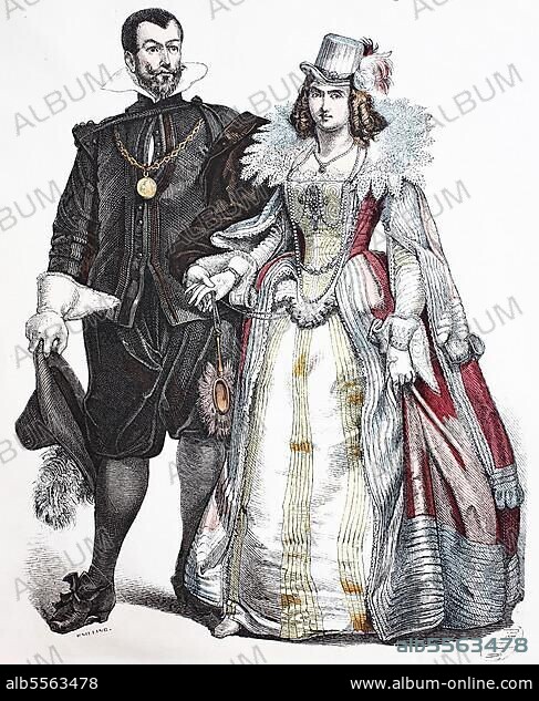 Folk traditional costume, clothing, history of costumes, Spanish court costume in the Netherlands, 1600-1635, Historic, digitally restored reproduction of a 19th century original, exact date unknown.