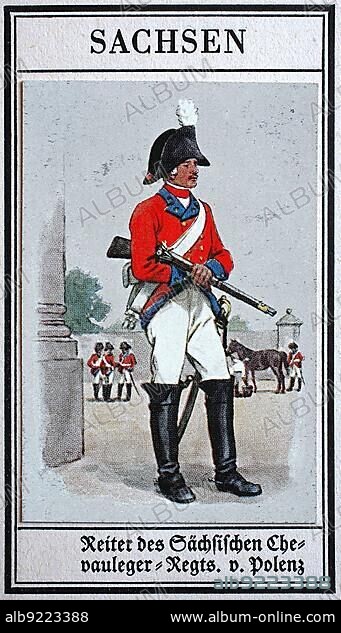 German Uniforms of the 19th century, Lines, Cavalry: Saxony, Riders of the Saxon Chevauleger (Light Cavalry) -Regiment von Polenz, Historical, digitally restored reproduction of a public domain collector's picture from the early 20th century.
