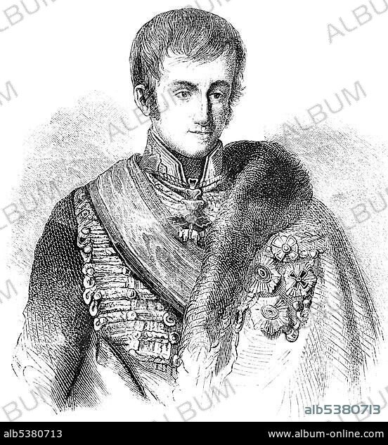 Historical drawing from the 19th century, portrait of Ferdinand I Karl Leopold Joseph Franz Marcellin the Good, from the House of Habsburg-Lorraine, 1793 - 1875, Emperor of Austria and King of Bohemia, and King of Hungary and Croatia as Ferdinand V.