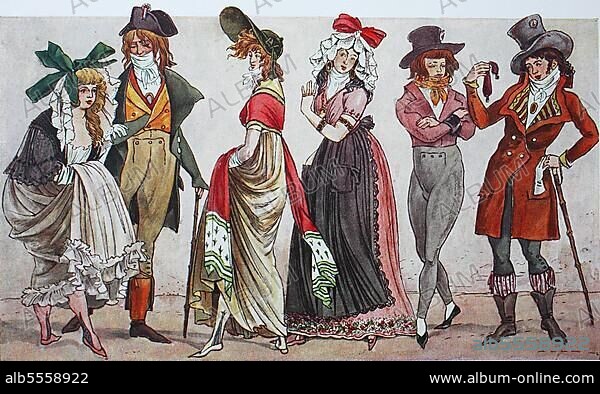Mode, Kleidung, Frankreich, Pariser Kostüme, Directoire, von links, Dame und Herr genannt Incroyables und Merveilleuses, das sind Pariser Bürger, die sich während einer kurzen Phase der Französischen Revolution äußerst auffällig kleideten, dann eine Merveilleuses von 1795, eine Bürgerin von 1795, dann zwei sogenannte Muscadina, ähnlich den Incroyables, ein revolutionärer Zeitgenosse, digital verbesserte Reproduktion einer Illustration aus dem 19. Jahrhundert.