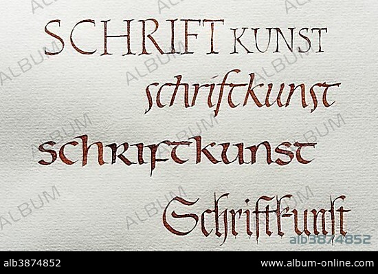 Calligraphy, studio, fonts, Roman capital font, Roman italics, insular minuscule font, Gothic script on Ingres paper, Seebruck, Upper Bavaria, Germany, Europe.