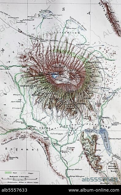 Landkarte, map from the year 1892: Mount Kilimanjaro, Kilimandscharo, Tansania, digital restaurierte Reproduktion einer Originalvorlage aus dem 19. Jahrhundert.