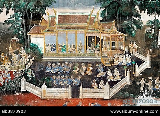 Mural depicting scenes from the Khmer version or Reamker version of the classic Indian Ramayana epos in the covered gallery of the Silver Pagoda, Royal Palace, Phnom Penh, Cambodia, Southeast Asia, Asia.