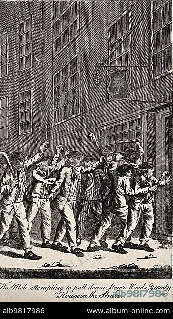 Prostitution; men break down the door of a London brothel with clubs to avenge a robbery; 1749; England; Historical; digitally restored reproduction from a 19th century original.