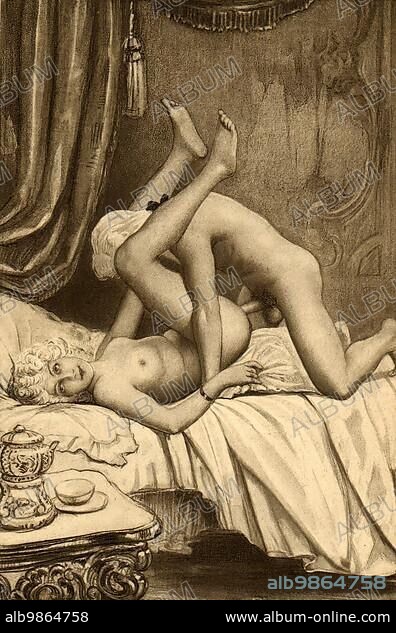 Couple having sex in bed, Erotic illustration by Edouard-Henri Avril (21 May 1849 - 1928), a French painter and graphic artist, under the name Paul Avril he became known as an illustrator of erotic to pornographic novels, Historical, digitally restored reproduction from a 19th century original.