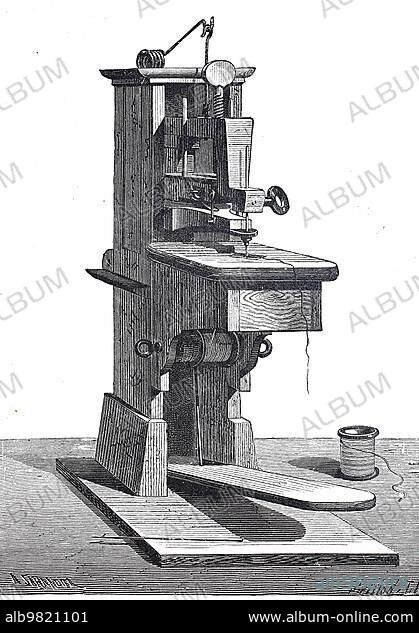 Sewing machine by Thimonnier; Barthelemy Thimonnier was the first sewing machine manufacturer; c. 1840; France; Historic; digitally restored reproduction from a 19th century original; Europe.