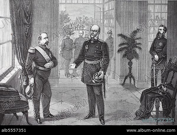 Gefangennahme von Napoleon III. durch König Wilhelm im Schloss Bellevue bei Sedan am 2. September 1870, Frankreich, deutsch-französischer Feldzug 1870-1871, Historisch, digital restaurierte Reproduktion einer Originalvorlage aus dem 19. Jahrhundert, genaues Originaldatum nicht bekannt.