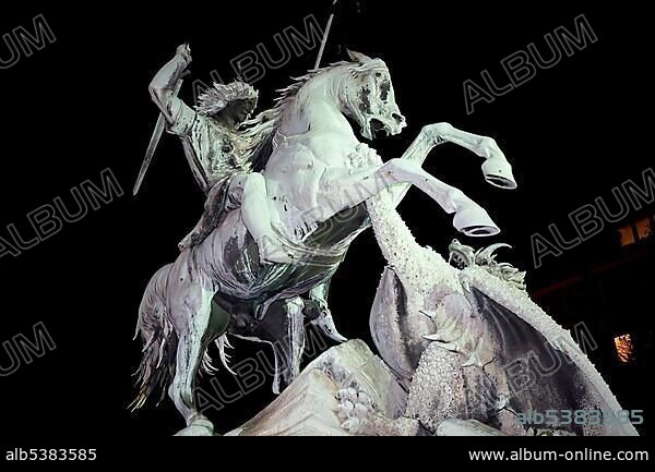 Statue of St Georg fighting against the dragon, Nikolaiviertel, historic part of Berlin, Germany, Europe.