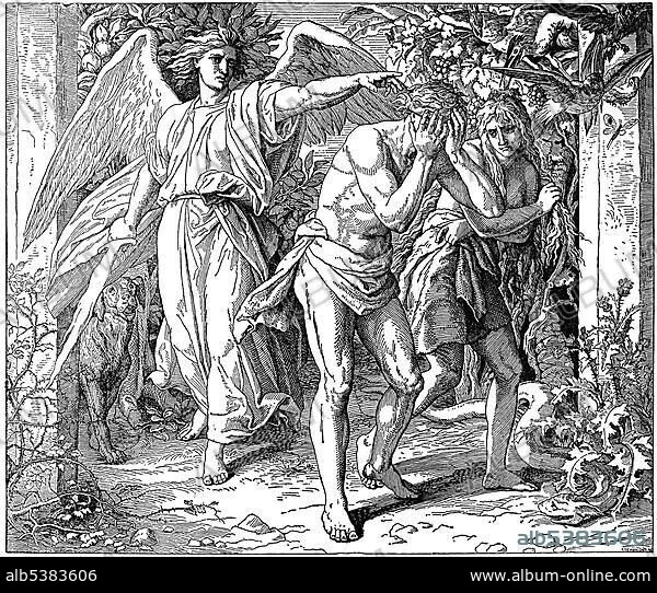 Woodcut, cherub with a flaming sword, Adam and Eve, banishment from Paradise, Genesis, 3, 24, creation of the world, Old Testament, Catholic Picture- Bible.