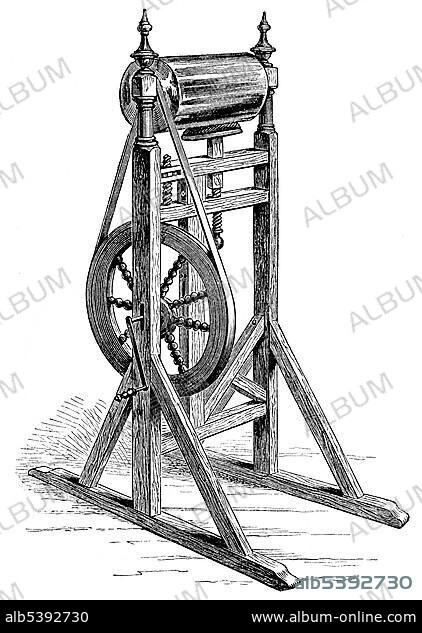 Historical drawing, US-American history, 18th century, the first electric machine by Benjamin Franklin, 1706 - 1790.