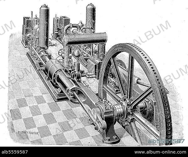 Abbildung einer kombinierten Entwässerungsmaschine mit doppeltwirkenden Pumpen von Erhardt & Sehmer in Schleifmühle-Saarbrücken, Deutschland, Historisch, digital restaurierte Reproduktion einer Originalvorlage aus dem 19. Jahrhundert, genaues Originaldatum nicht bekannt.
