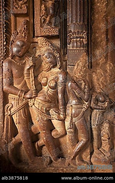 Hindu statues from the time of the Chalukya Empire in a temple at Aihole, Karnataka, India, Asia.
