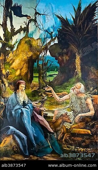 Isenheim Altar by Matthias Grünewald, paintings from the picture cycle, Meeting of Saint Anthony with Paulus Eremita, Museum Unterlinden, Musée Unterlinden, Colmar, Alsace, France, Europe.