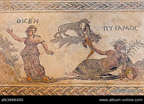 Archaeological excavation site, mosaic of Pyramus and Thisbe, Roman mythology, House of Dionysos, Archäologischer Park Paphos, Paphos, Republik Zypern, Cyprus, Europe.