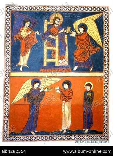 Beatus de Liebana. Commentary on the Apocalypse of St. Sever. f° 26 v° : The Angel receives the book of the Lord, The Angel gives St. John the book. Mid 11th century. FranceParis, Bibliothèque Nationale.