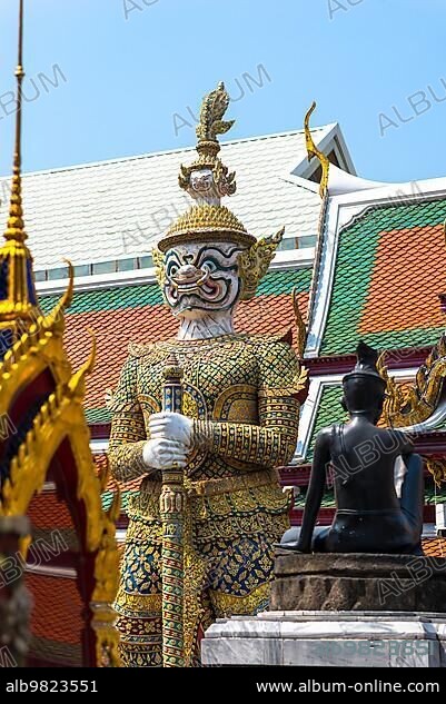 Giant demon and guard in the Wat Phra Kaeo; commonly known in English as the Temple of the Emerald Buddha; is regarded as the most sacred Buddhist temple in Thailand.