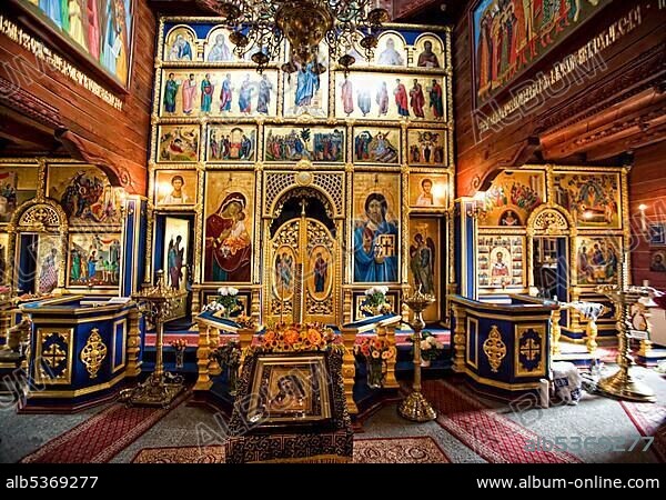 Interior, wooden Russian Orthodox church of Sankt Nikolaus in the Internationales Wind- und Wassermuehlen-Museum international wind and water mill museum in Gifhorn, Lower Saxony, Germany, Europe.