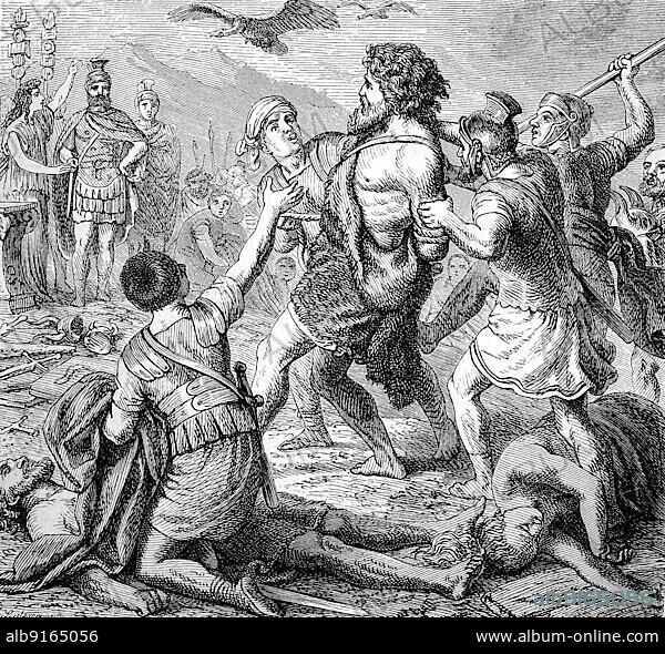 Teutobod, Theudobod was a Germanic king, his capture by the Roman legionaries, History of Ancient Rome, Roman Empire, Italy, Historical, digitally restored reproduction of a 19th century original, Europe.