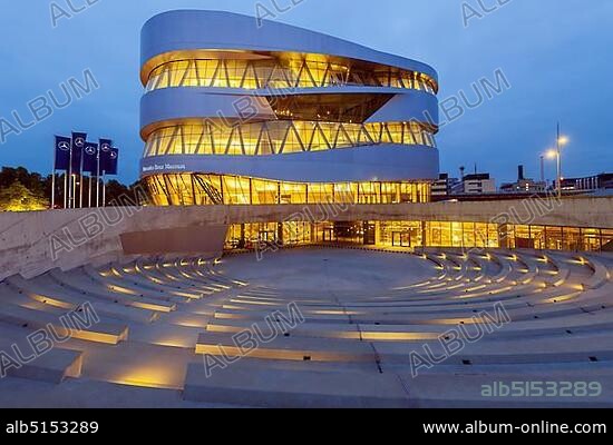 Mercedes-Benz Museum, evening, illuminated, modern architecture, Daimler, Bad Cannstatt, Stuttgart, Baden-Württemberg, Germany, Europe.