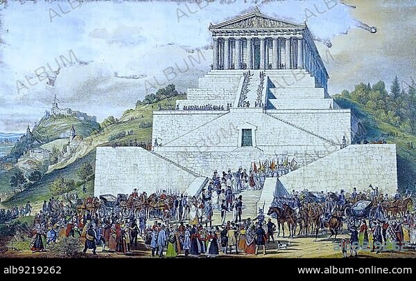 The inauguration of the Walhalla, 1842, near Donaustauf, district of Regensburg, Upper Palatinate, Bavaria, Germany, Historic, digitally restored reproduction of an original artwork from the time, exact original date not known, Europe.