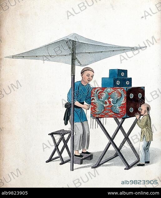 A Chinese Magic Lantern Show; c. 1810; China; Historic; digitally restored reproduction from a 19th century original; Asia.