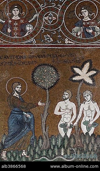 God speaking to Adam and Eve who are covered with a fig leaf, Byzantine gold ground mosaics, Cathedral of Santa Maria Nuova, Monreale Cathedral, Monreale, Province of Palermo, Sicily, Italy, Europe.