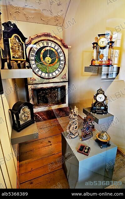 Various clocks, in the middle the astronomical clock, also called Astrolabium, in the Benedictine Abbey Ottobeuren, Bavaria, Germany, Europe.