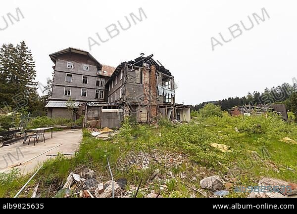 Once fashionable luxury hotels on the Black Forest High Road are crumbling and in ruins. One example is the former Hundseck spa hotel near Ottersweier; Baden-Württemberg; Germany; Europe.