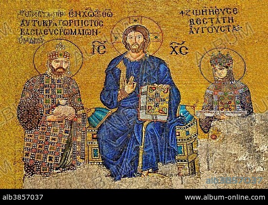 Mosaic of Christ Pantocrator with Emperor Constantine IX and Empress Zoe, Hagia Sophia, Istanbul, Turkey, Asia.