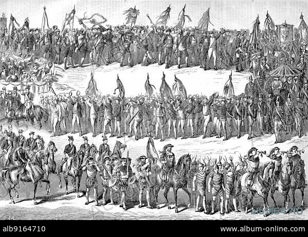 Schützenfest, a traditional festival or fair with target shooting, here the defile of the participants in a procession in Vienna, Austria, Historic, digitally restored reproduction of an original 19th century print, exact original date unknown, Europe.