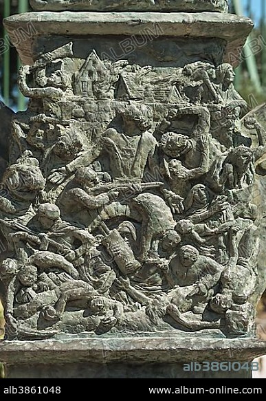 Depiction, uprising in the Warsaw Ghetto, relief on the Knesset Menorah, sculptor Benno Elkan, Jerusalem, Israel, Asia.