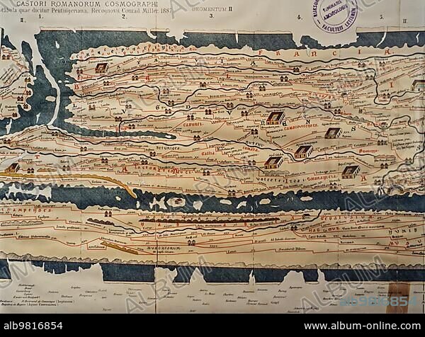Tabula Peutingeriana; Peutinger Map; Peutinger's Tabula; Peutinger Table; illustrated itinerarium; ancient Roman road map.
