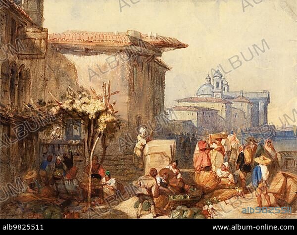 A Market Scene in Venice; 1840; Italy; after a painting by Charles Bentley; Historic; digitally restored reproduction from an 18th or 19th century original; Europe.