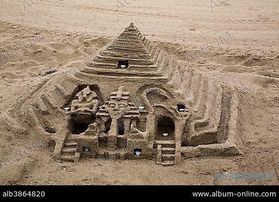 Egyptian pyramid, sand sculpture, Torremolinos, Málaga province, Andalusia, Spain, Europe.